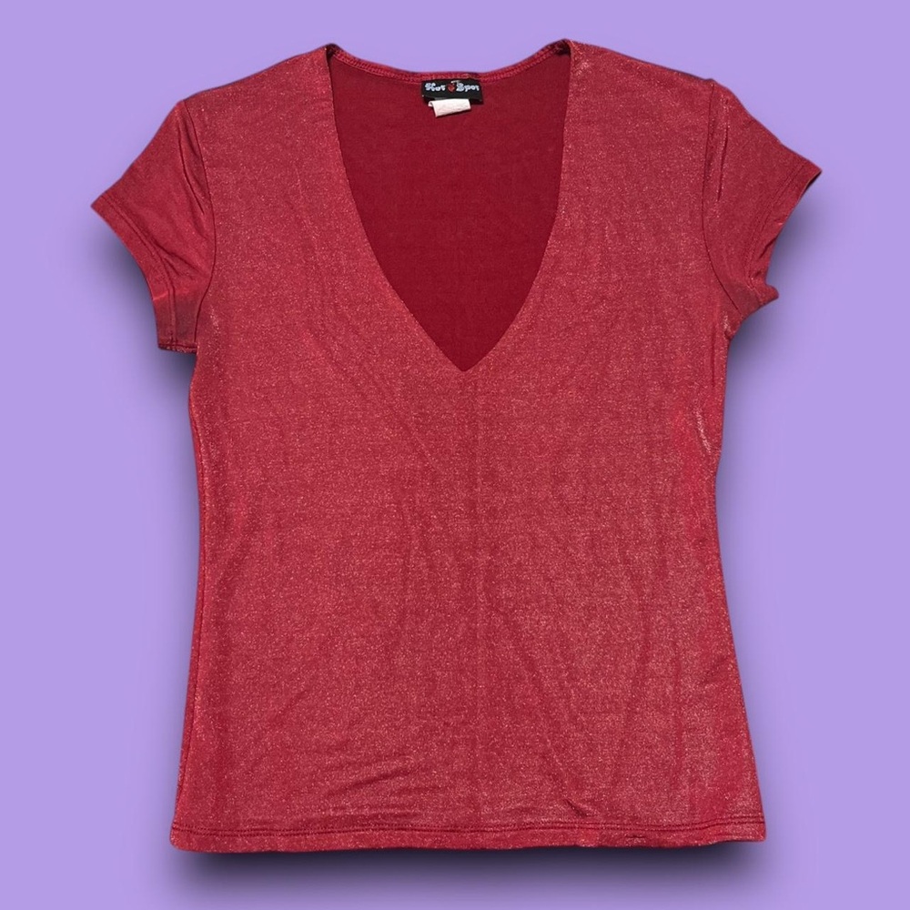 Vintage Red Sparkly Plunge Neck Top Size Medium 90s Hot Spot Flirty Going Out